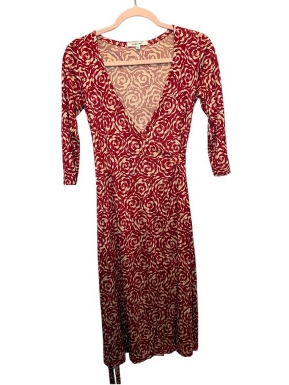 LK Bennett Red & Cream Floral 100% Silk Wrap Midi Dress Size 4 Parisian Chic